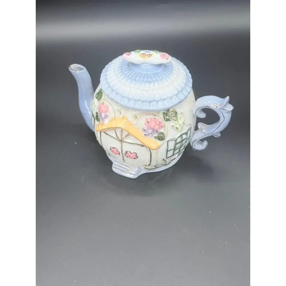 Vintage Cottage House Ceramic Teapot Blue Floral Raised Design 7 Inch